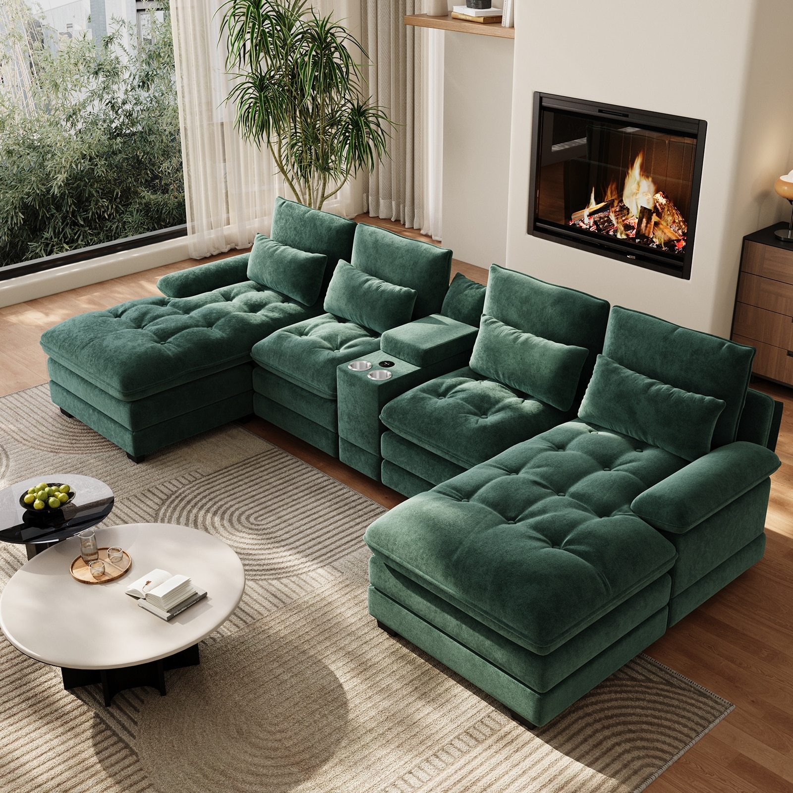 Oversized 130"W 4 Piece U-Shape Sectional with Console & Cup Holders