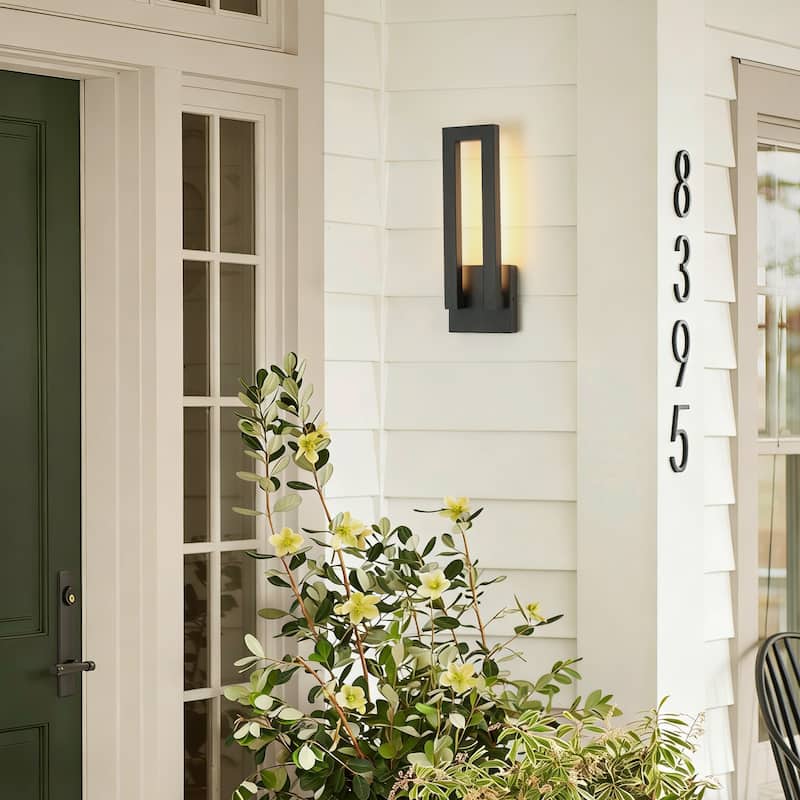 14.6 in. H Satin Black Linear Dimmable Integrated LED Waterproof Outdoor Wall Light Sconce - 4.7 in. W x 14.6 in. H x 2.8 in. D