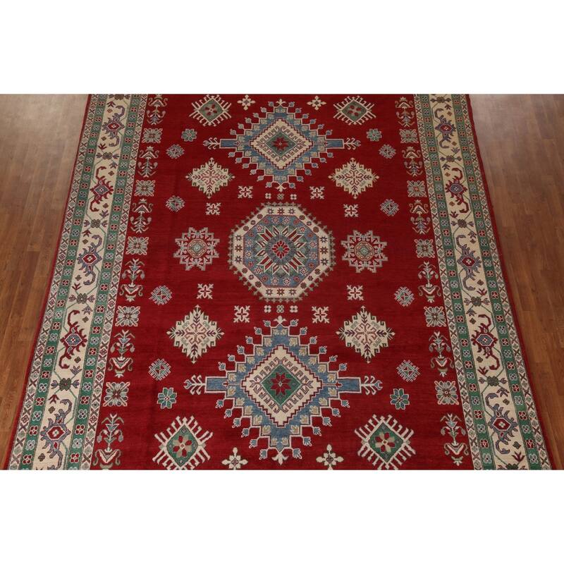 Red Geometric Kazak Oriental Area Rug Handmade Traditional Wool Carpet - 9'7" x 13'1"