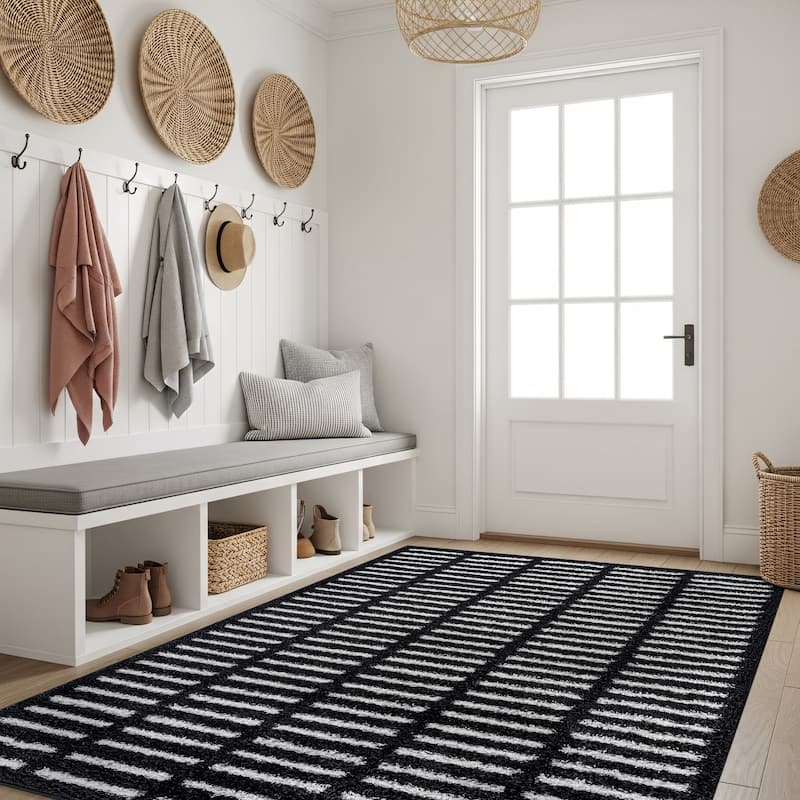 Bohemian Stripe Lines Shag Rug - Textured Surface - Anthracite Dark Gray - Easy to Clean - Anthracite - 4' x 6'