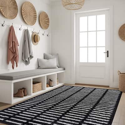 Bohemian Stripe Lines Shag Rug - Textured Surface - Anthracite Dark Gray - Easy to Clean