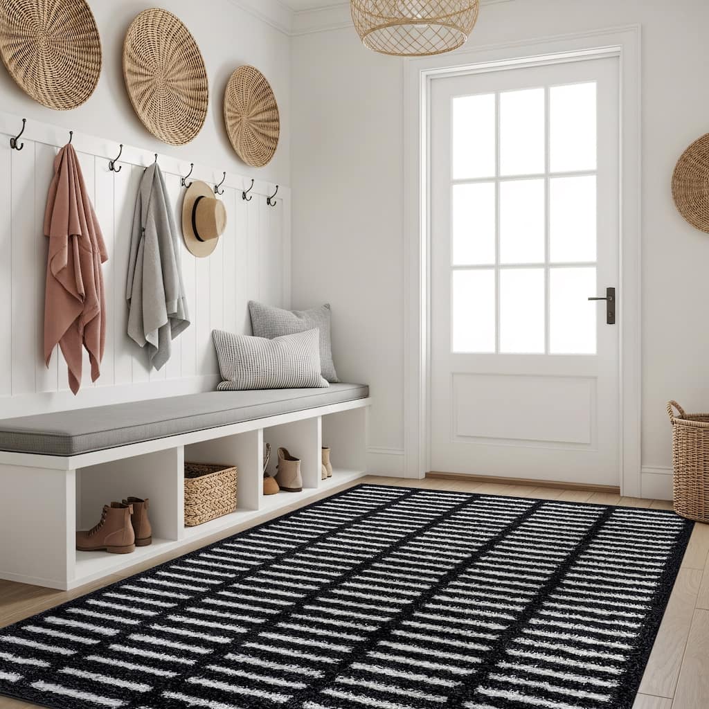 Bohemian Stripe Lines Shag Rug - Textured Surface - Anthracite Dark Gray - Easy to Clean