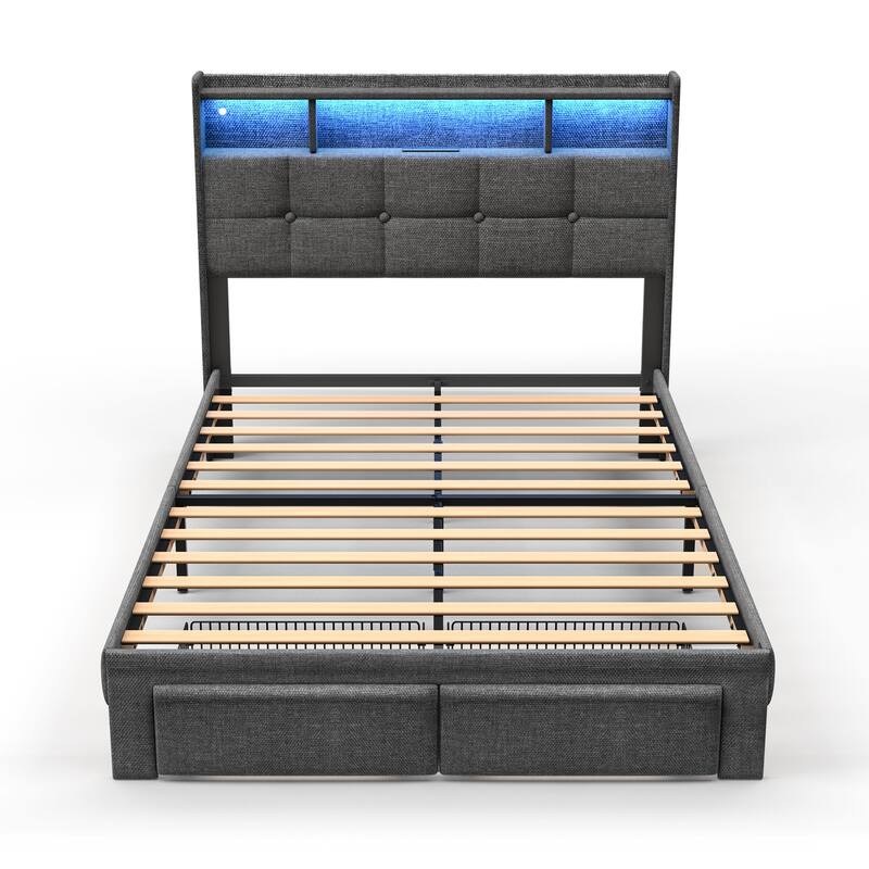 King Size Upholstered Platform Bed with LED Lights, Charging Station & Storage Headboard, No Box Spring Needed