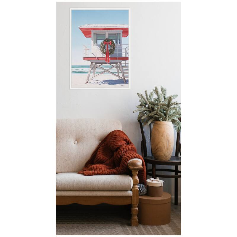 Kate and Laurel Framed Canvas Holiday Wreath Beach Lifeguard Tower by The Creative Bunch Studio