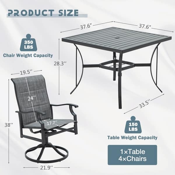 dimension image slide 1 of 5, Versatile Outdoor Dining Sets w Swivel/Folding Chairs & Steel Slat Table and HDPE Dining Table Set for Gardens, Patios