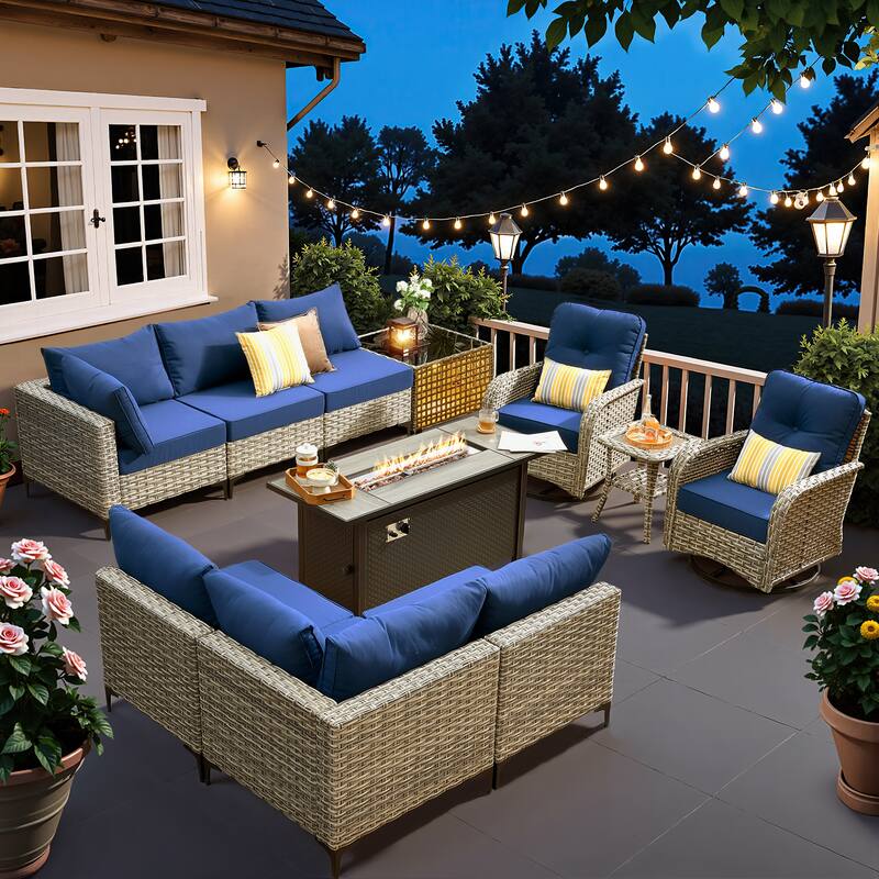 XIZZI 11-piece Outdoor Patio Wicker Furniture Sectional Set with Fire Table - Navy Blue