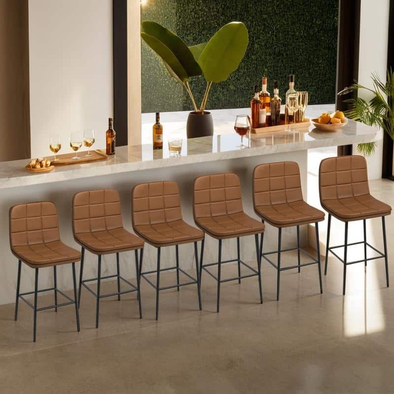 Metal Upholstered Bar Stools (Set of 6) - Brown