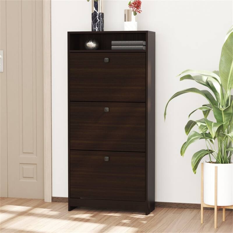 Espresso 3-Tier Shoe Cabinet with Upturning Drawers and Top Storage Shelf for Daily Use - 23.5" L x 9.5" W x 52" H