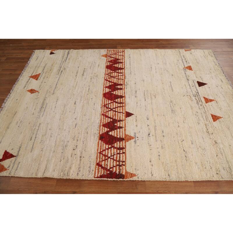 Hand Knotted Oriental 100% Wool Carpet Modern Tribal Beige & Ivories Moroccan Area Rug - 7' 10'' X 5' 8''