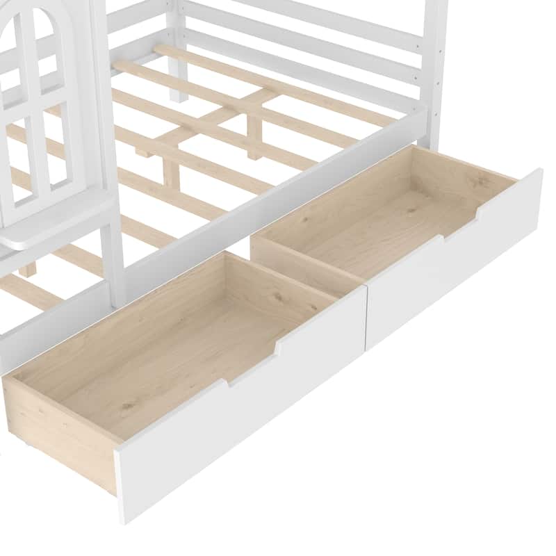 Charming House Bed for Girls, Boys Low Platform Bed Frame with Under-bed Drawers, Storage Shelves, Window and Roof