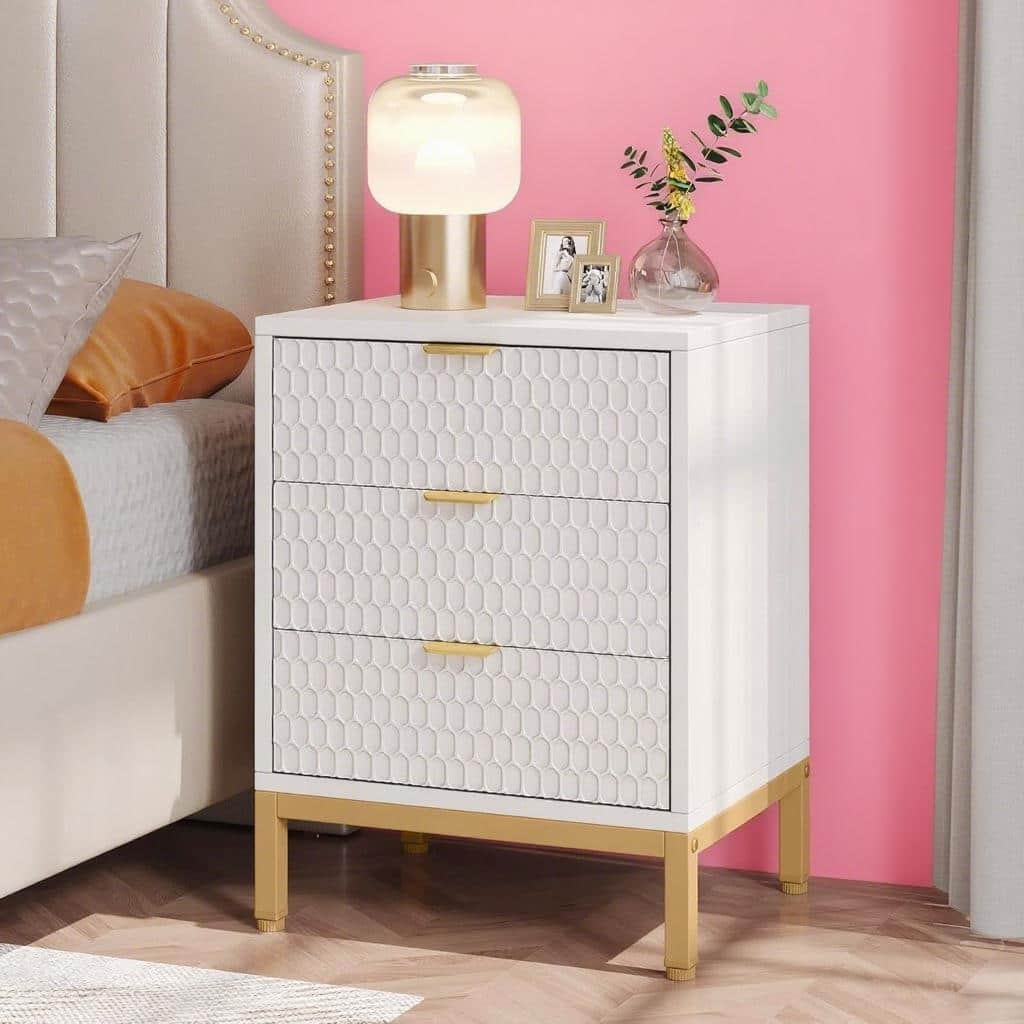 White Particleboard Nightstand with 3 Drawers and Gold Metal Base