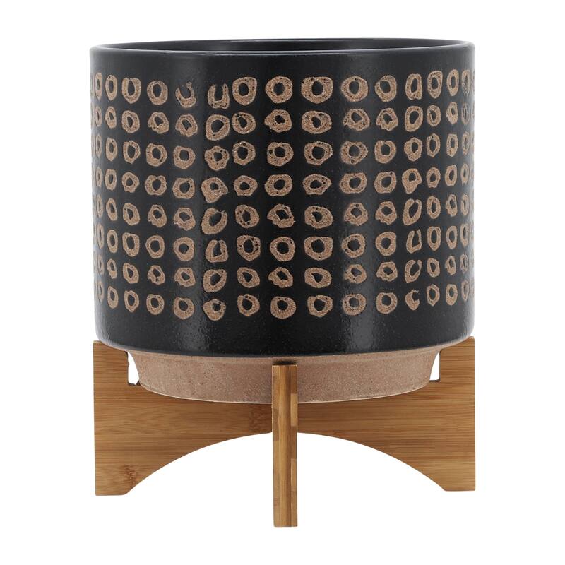 Sagebrook Home Neutral Tan and Brown Ceramic Dotted Planter with Wood Stand Indoor Outdoor
