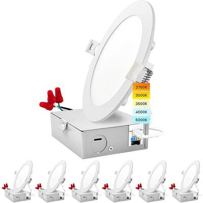 Luxrite 6" Ultra Thin LED Recessed Light with J-Box 12W 5 Color Selectable Dimmable 1000 Lumens IC Rated 6 Pack