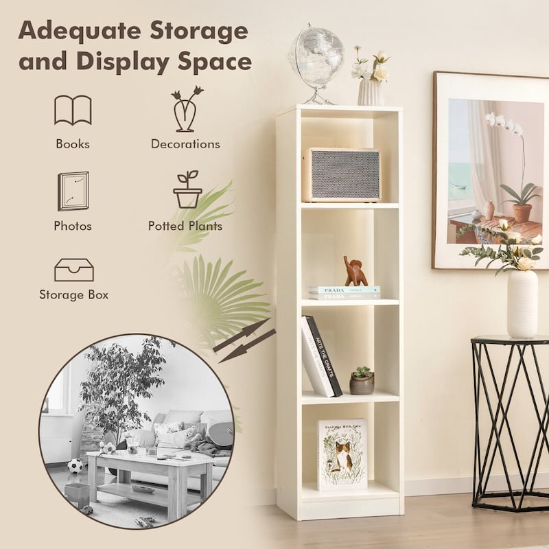 White Engineered Wood Space-Saving Narrow 5-Tier White Bookcase with 4 Cubes Storage Shelf - 15" x 13" x 56" (L x W x H)