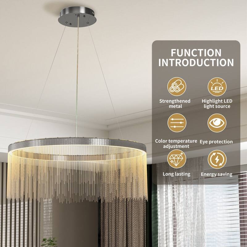 Aluminum Tassel Linear Chandelier Round Ceiling Pendant Lighting Fixture Over Dining Table, Kitchen Islands, Entryways