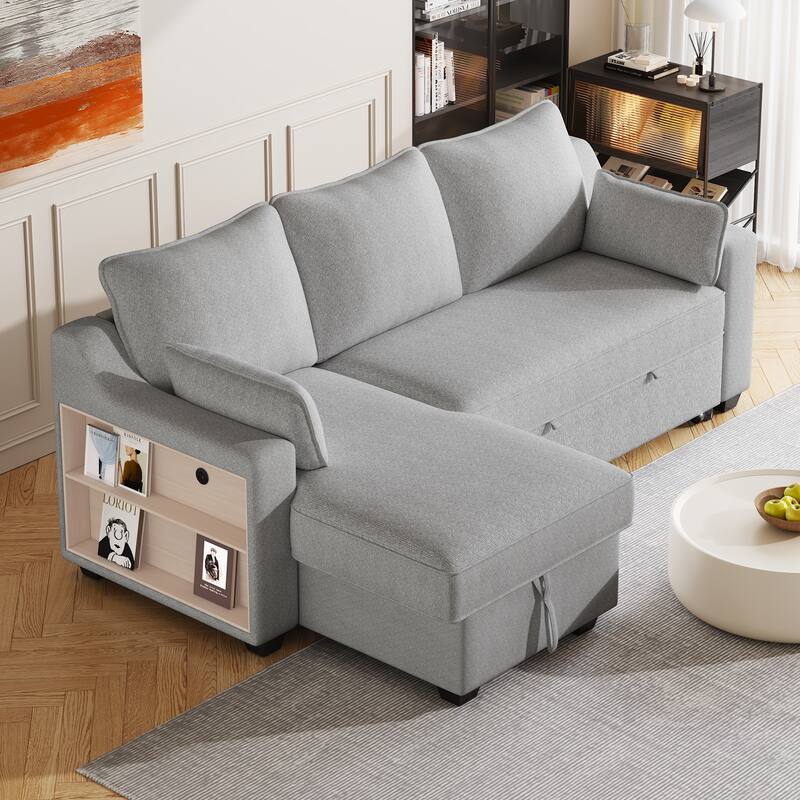 90" Pull Out Sleeper Sofa L-Shaped Couch Convertible Sofa Bed with Storage Chaise, Storage Racks and USB Ports, Light Brown