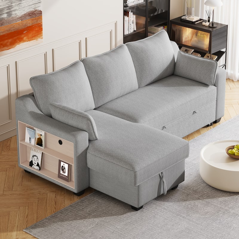 L-Shaped Convertible Sleeper Sofa with Storage Chaise and USB Ports