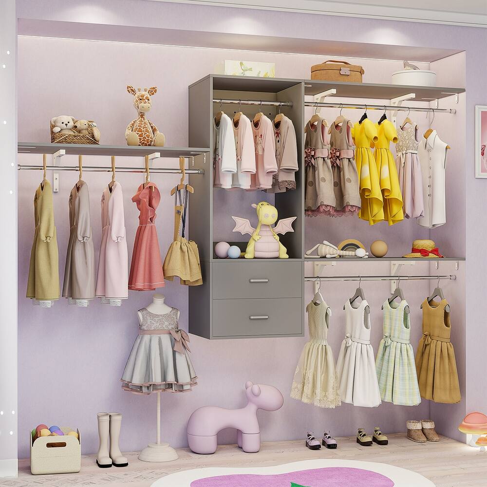 96'' W Wall-mounted Closet System with Storage Shelves and Hanging Rods,Adjustable Walk-in Closet Organizer System