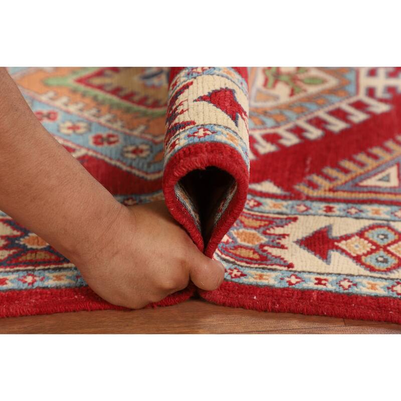 Red Geometric Kazak Oriental Accent Rug Handmade Wool Carpet - 2'8" x 3'11"