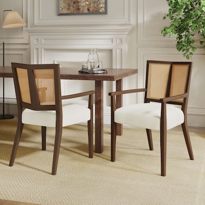 Set of 2 Modern Wooden Arm Dining Chairs with Rattan Backrest, Upholstered Fabric Seat, Rubberwood Frame