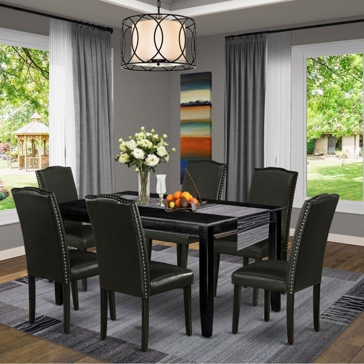 HomeStock 7-Piece Rectangle Black Finish Solid Wood Top Dining Table with 6 Parson Chairs