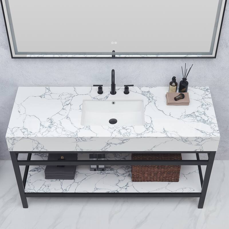 Ecija Bath Vanity, Metal Support with Composite Stone Top and Mirror