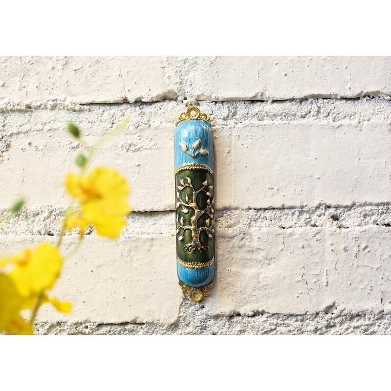 Matashi Hand Painted Enamel Mezuzah Embellished with a Tree of Life Design with Gold Accents and High Quality Crystals