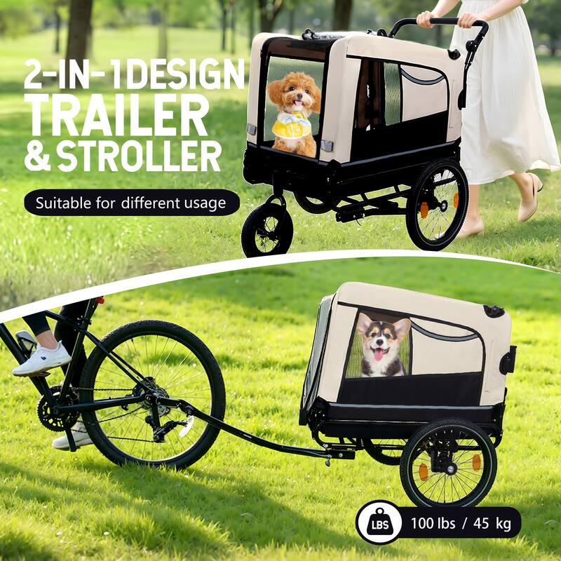 2-In-1 Bike Trailer & Push Cart For Pets-All-Terrain Wheels,Quick Release Wheel,Internal Leash,Holds Pets Up To 88 Lbs