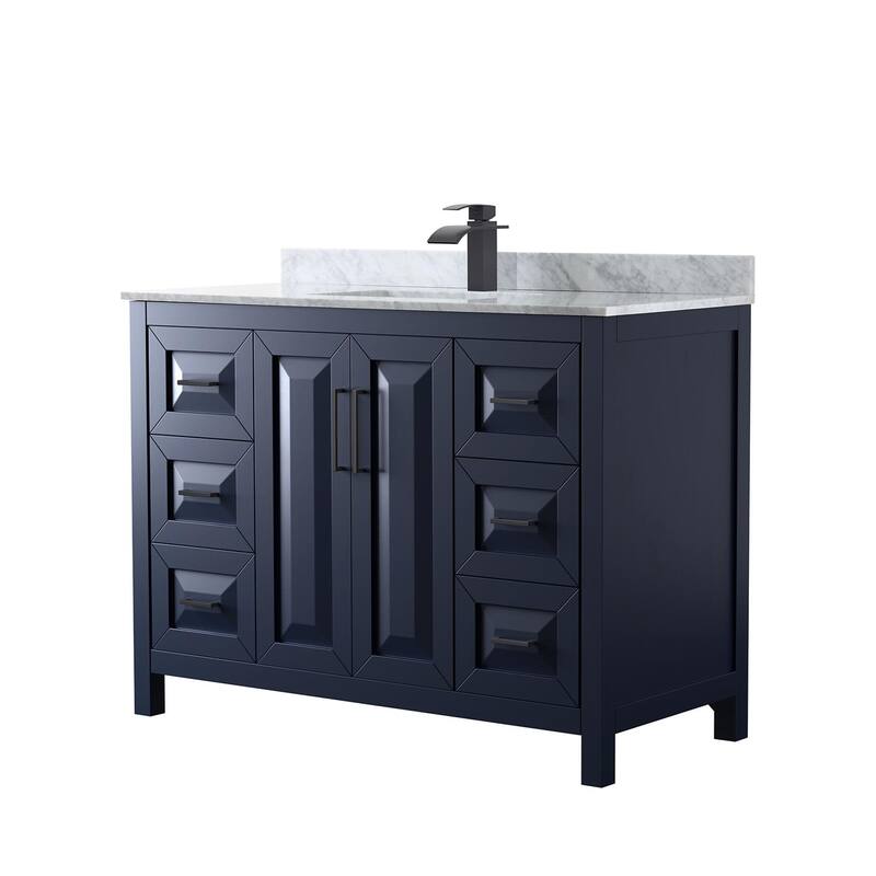 Wyndham Collection Daria 48" Free Standing Single Vanity Set with MDF - Dark Blue / White Carrara Marble Top / Matte Black - Painted