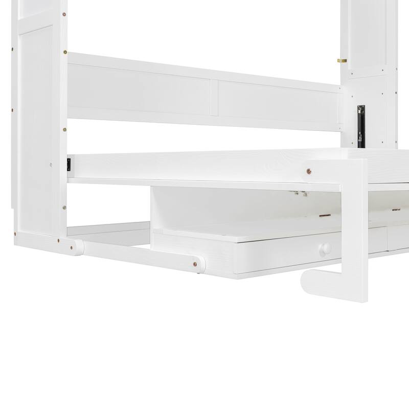 Foldable Wall Cabinet Bed Queen Size Hydraulic Lift Murphy Bed with Integrated Vanity Desk, Center Mirror and Side Drawers