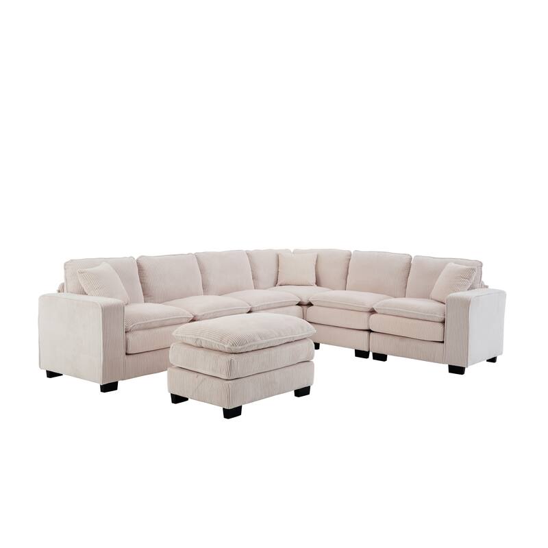Modular Sectional Sofa for Living Room, U Shaped Sofa Couch with Ottoman and Three Toss Pillows, Corduroy Fabric Sofa Set