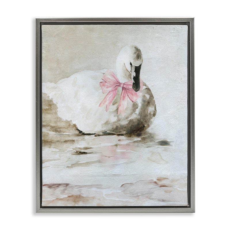 Stupell Charming Duck with Pink Bow Framed Floater Canvas Wall Art Design By Carol Robinson - 25 x 31 - Grey