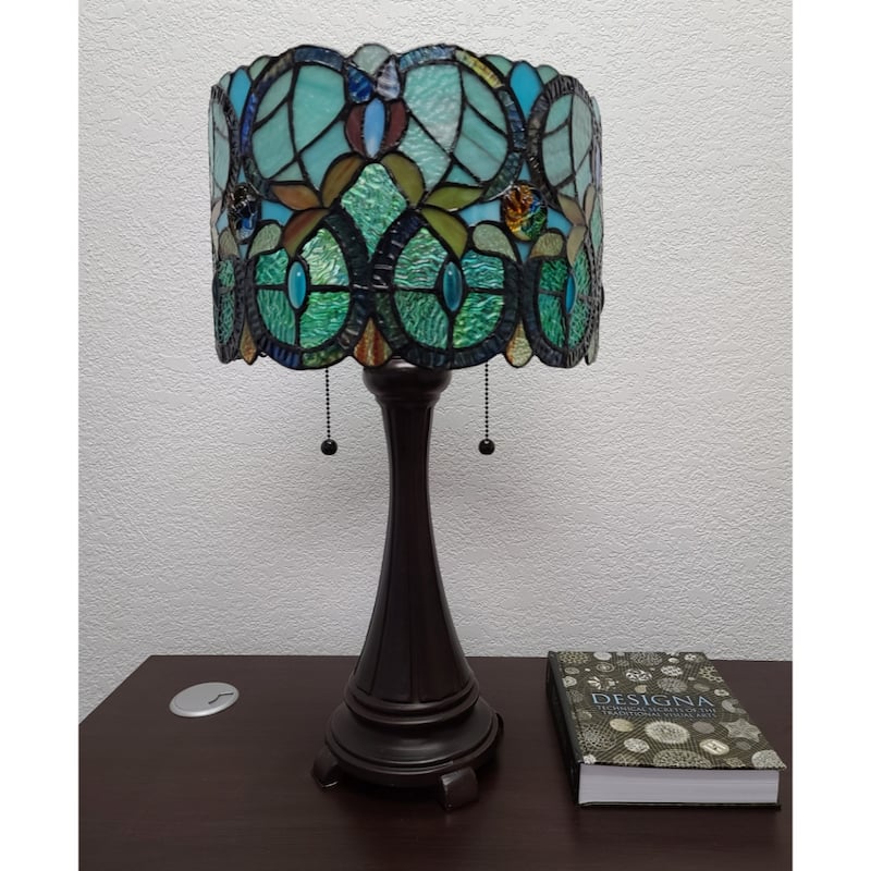 Stained Glass Table Lamp with Two Lights and Dark Brown Metal Base - 11” x 22” x 22”