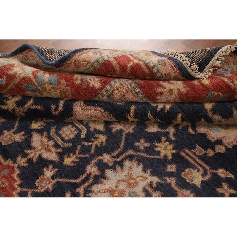 Navy Blue Orange Oushak Indian Area Rug Hand-Knotted Wool Carpet - 8'1" x 9'11"
