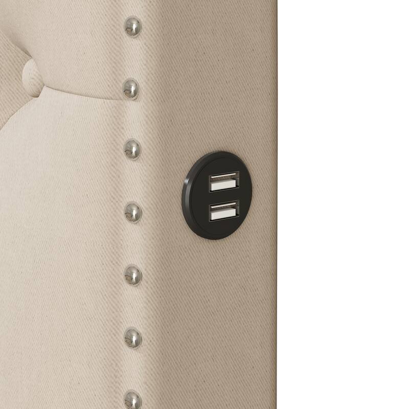 Linen Upholstered Platform Bed Button-Tufted Headboard Wood Panel Bed Frame with 2 Drawers or Trundle Bed, USB on Both Sides