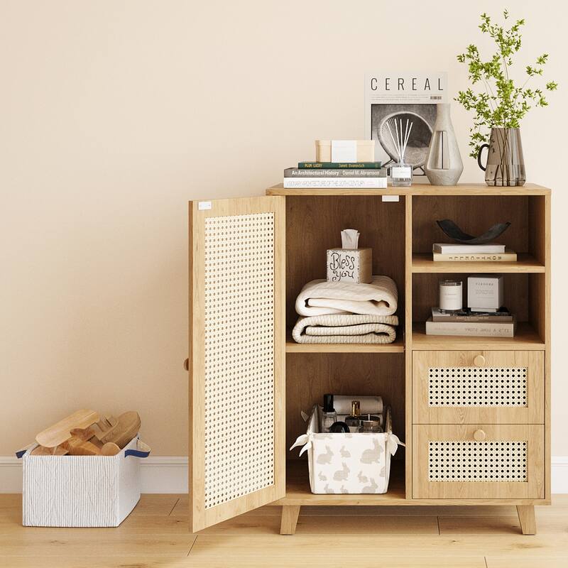 Rattan Buffet Cabinet with Adjustable Shelf, Sideboard with Drawers for Living Room, Kitchen, Entryway