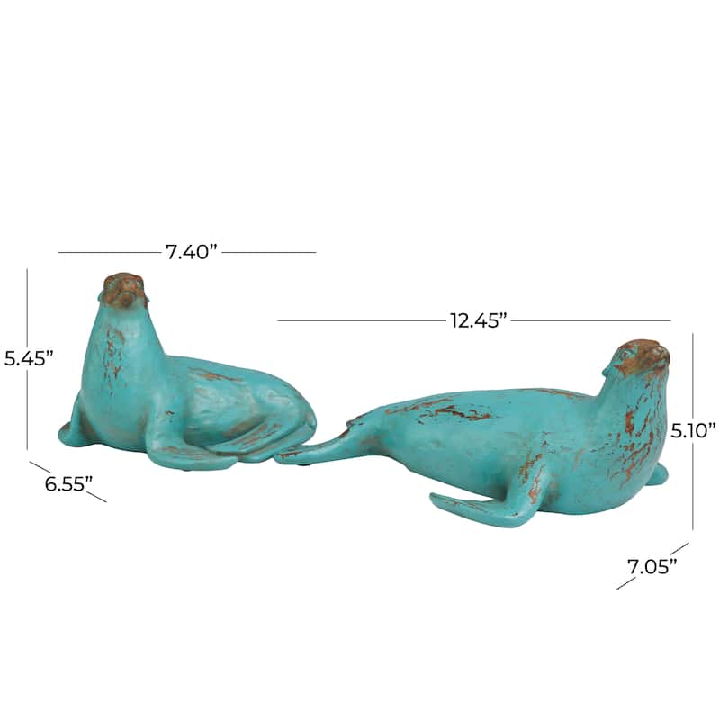 Polystone Sea Lion Distressed Sculpture with Brown Wood Inspired Accents - Set of 2 Teal - Roche River Decor - 12"W x 7"L x 5"H