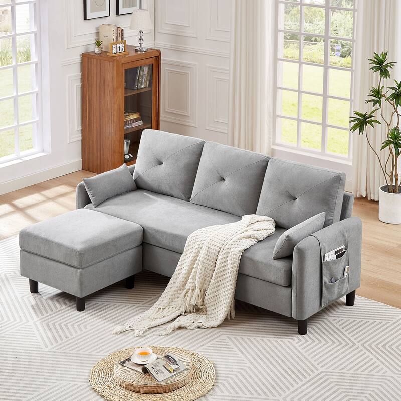 77.36" L Shaped Sectional Sofa with Side Storage Pocket and Reversible Ottoman