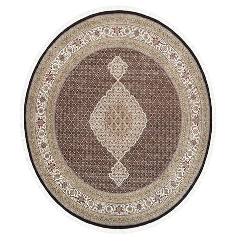 Shahbanu Rugs Round Black Tabriz Mahi Fish Medallion Design Wool And Silk Hand Knotted Oriental Rug (10'0" x 10'0")