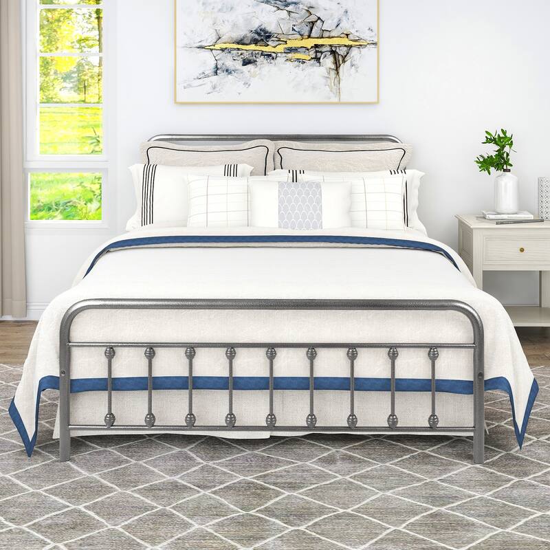 Metal Platform Bed Frame featuring a Headboard, Sturdy Slat Support, No Box Spring Required, and Easy to Assemble‌.