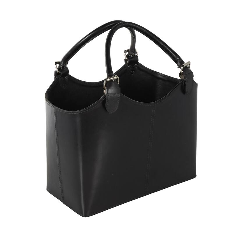 Brown or Black Leather Handmade Box Style Single Slot Decorative Magazine Holder with Detail Stitching and Curved Buckle Handles