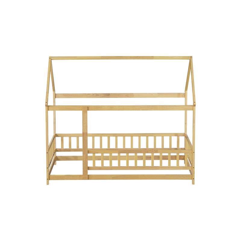 Twin Size House Floor Wooden Bed with Roof Frame,Safety Guardrails