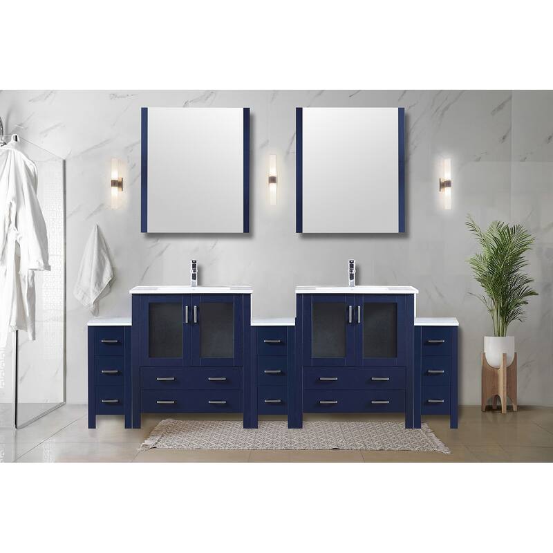 Volez Double Bath Vanity with Side Cabinets, White Ceramic Top, 28 in Mirrors and Faucet Set - 96