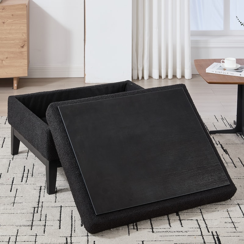 Roomfitters Storage Ottoman, Boucle Coffee Table Footstool with Reversible Lid and Wood Base for Living Room or Bedroom