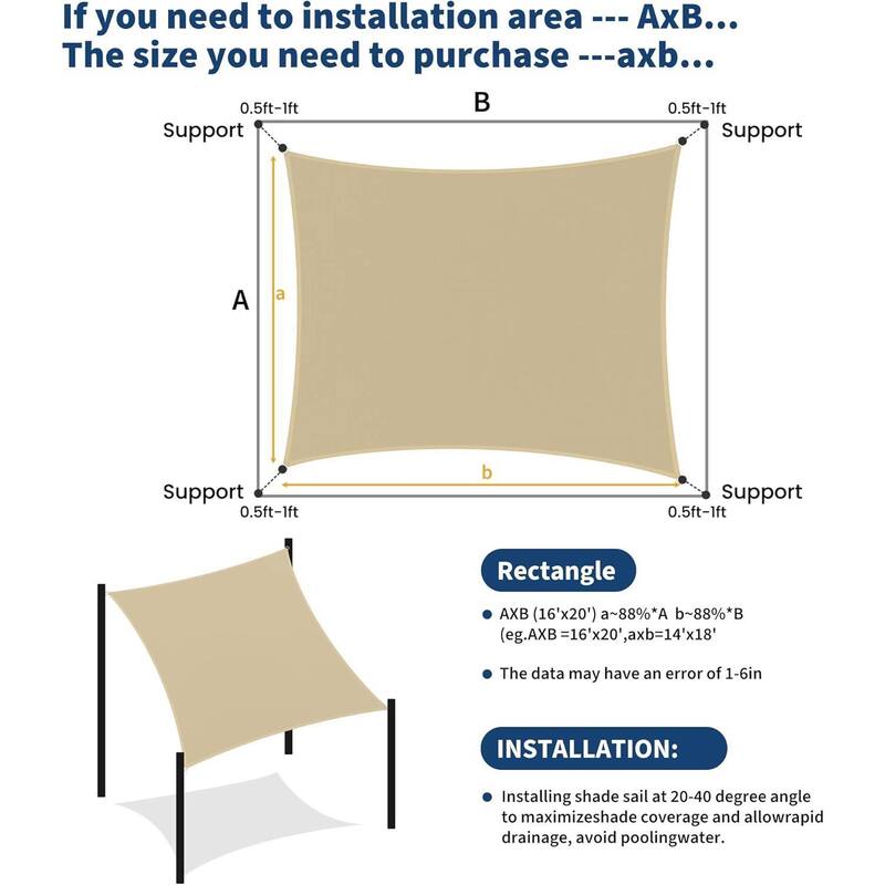 16'X20' Sun Shade Sail Shade Cloth, Sunshade for Patio, Backyard, Deck, Garden, Sand