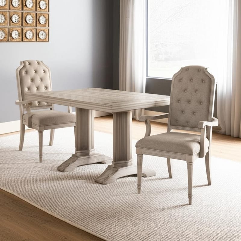 HomeRoots Set of Two Tufted Antiqued White and Champagne Upholstered Fabric And Solid Wood Dining Arm Chairs - Set of 2 - 24.00 in. x 42.00 in. x 27.00 in. - Antiqued White