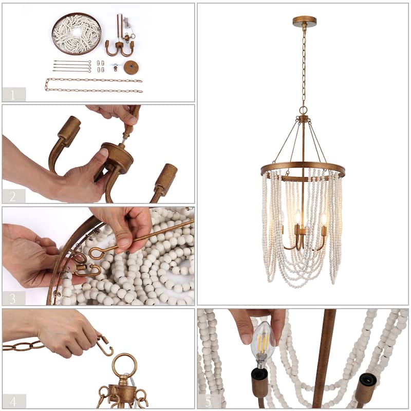 Renia Farmhouse Large 37.7inch 4-light Wood Beads Coastal Chandelier Antique Gold Light for Dining Room Bedroom Entryway