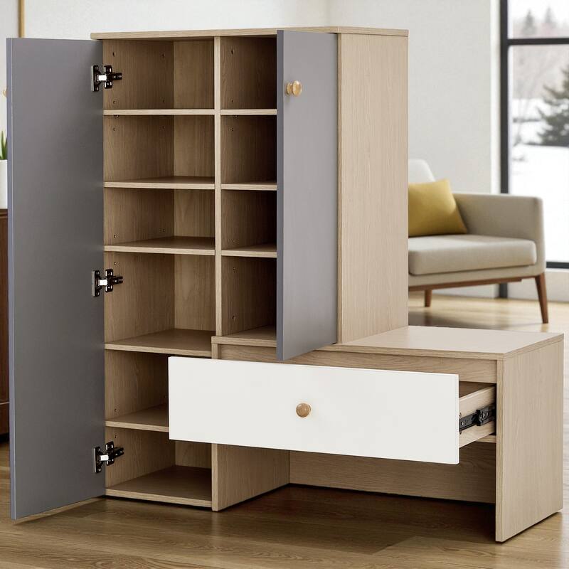 43.25" H Shoe Cabinet with Drawer and Bench, 6-Tier 12-Pair Shoe Storage Organizer with Adjustable Shelves for Entryway