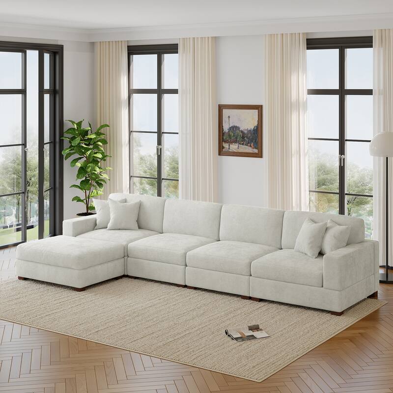 Modern Oversized Chenille Modular Sectional Sofa with Ottoman - Off White-5 Piece