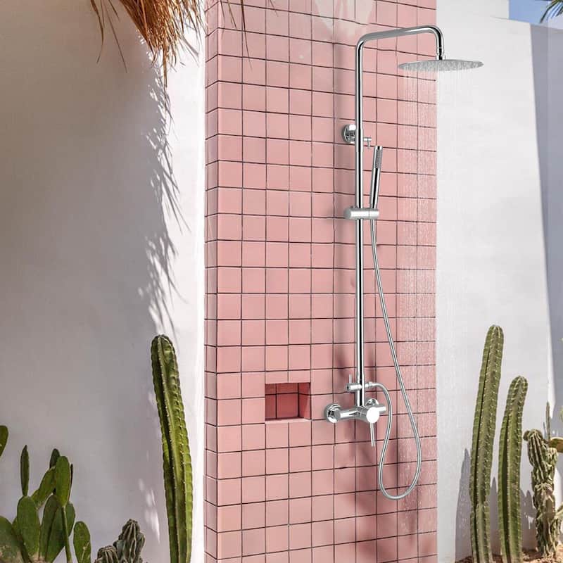 Outdoor 10 Inch Round Rain Shower Set with Handheld Shower (Adjustable Slider)
